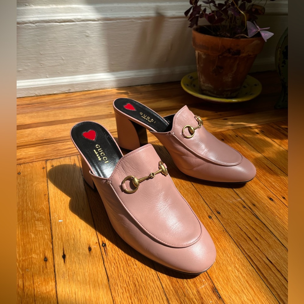 RARE Gucci Princetown Heel Loafers in blush pink with horsebit accent Size 39.5
